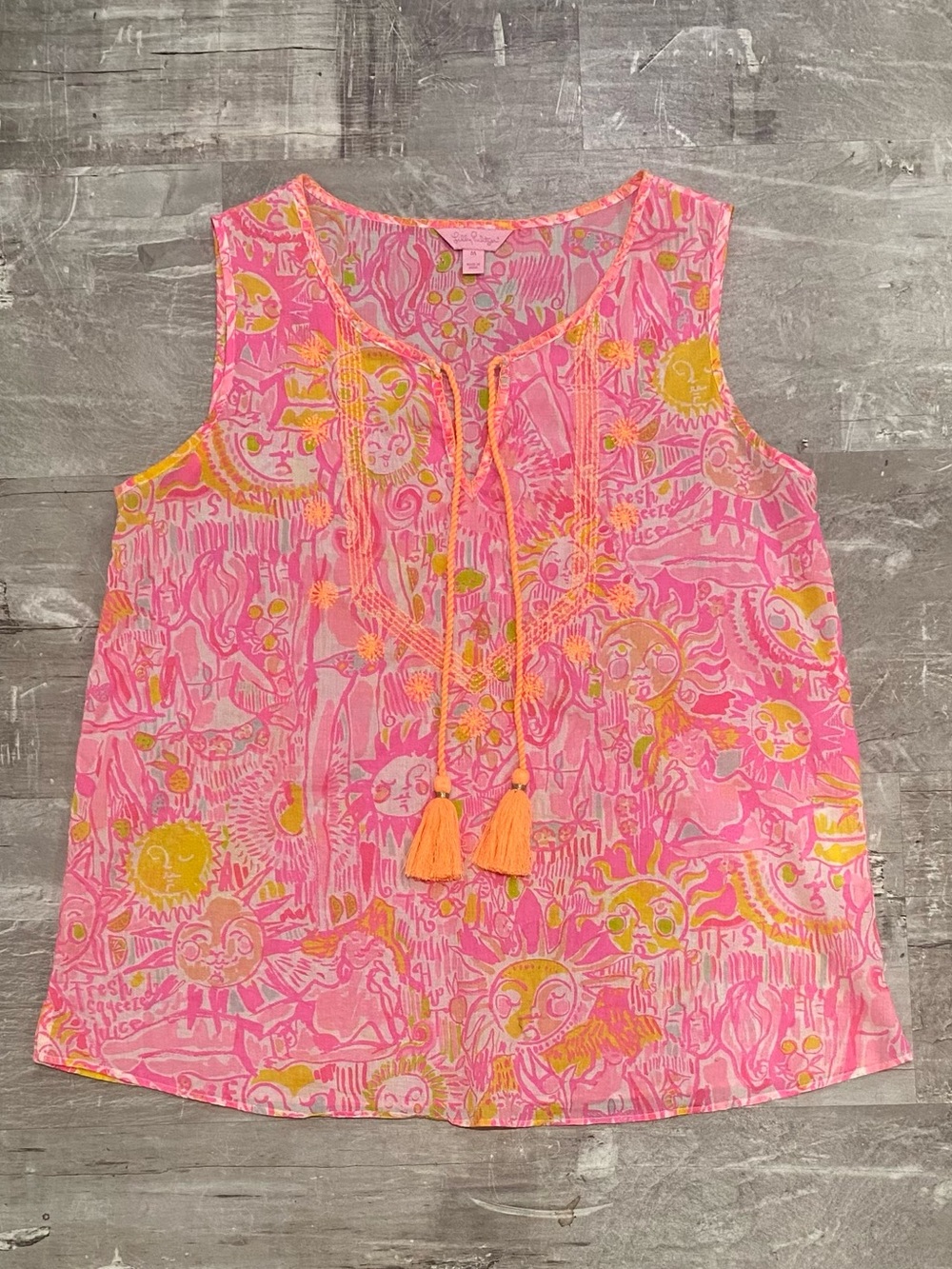 Lilly Pulitzer Pink & Yellow Sleeveless Tassel-Keyhole Tank